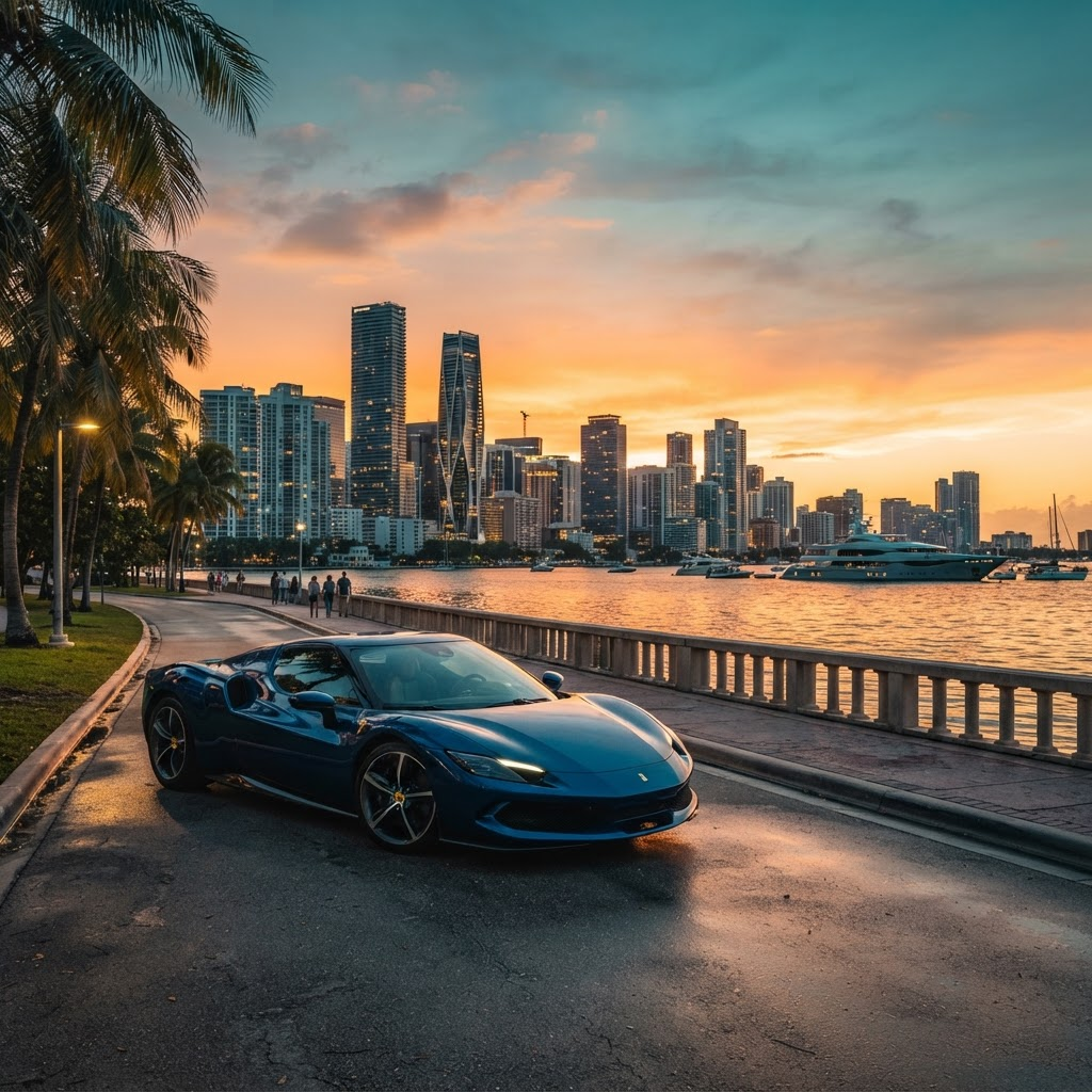 Miami al atardecer con un auto de lujo y un yate
